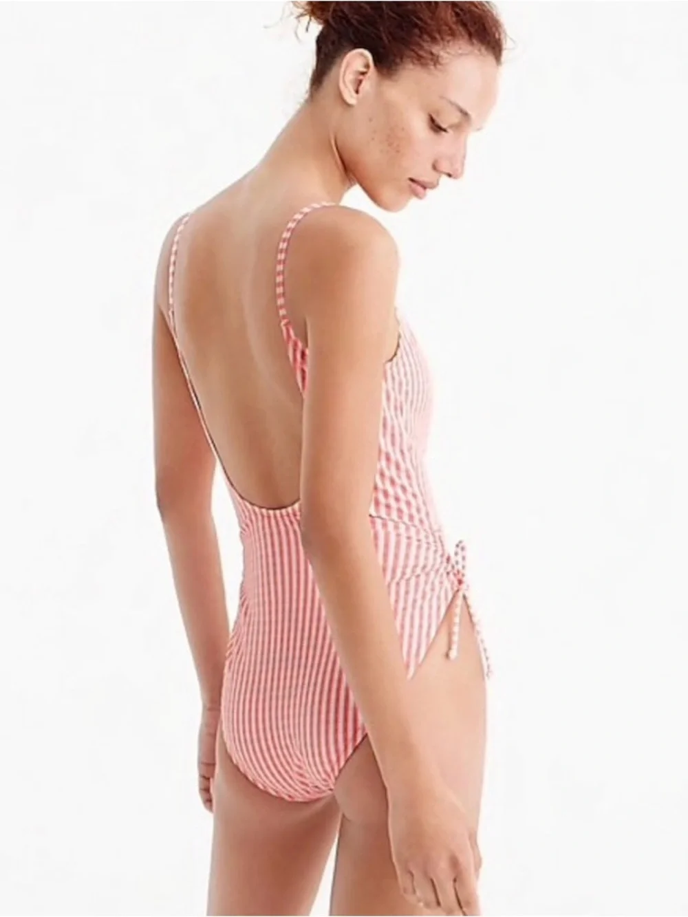 J.Crew Seersucker Striped in Coral One-Piece Swimsuit with Side Ties Sz M $110